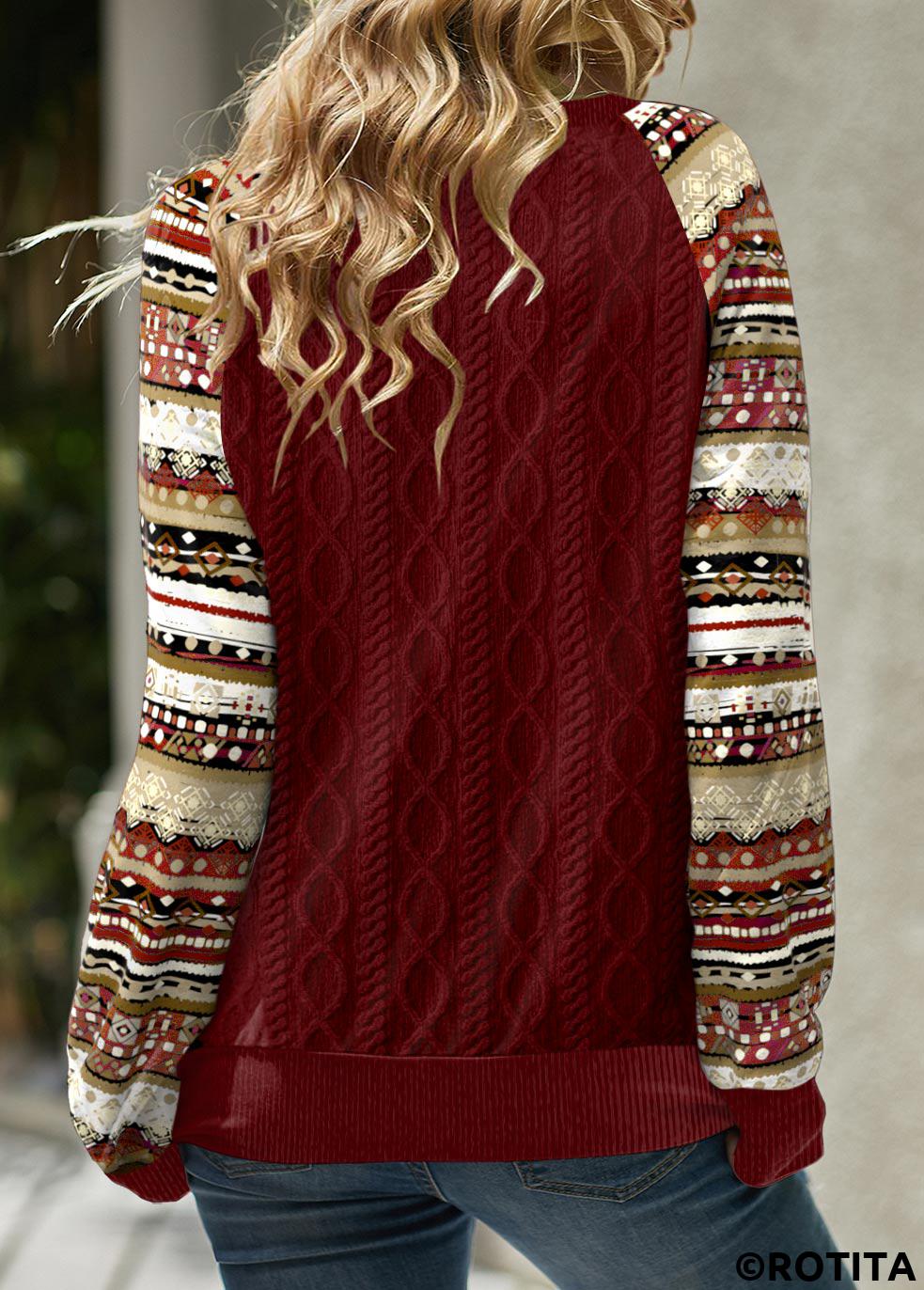 Wine Red tops,Tribal tops,Striped tops,Geometric tops,Dot tops,ROTITA Patchwork Tribal Print Wine Red Split Neck Long Sleeve Sweatshirt