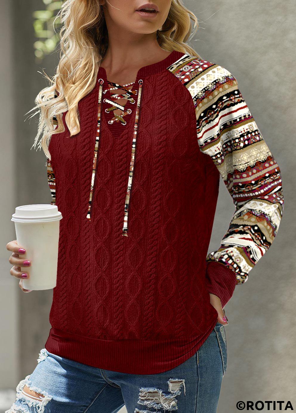 Wine Red tops,Tribal tops,Striped tops,Geometric tops,Dot tops,ROTITA Patchwork Tribal Print Wine Red Split Neck Long Sleeve Sweatshirt