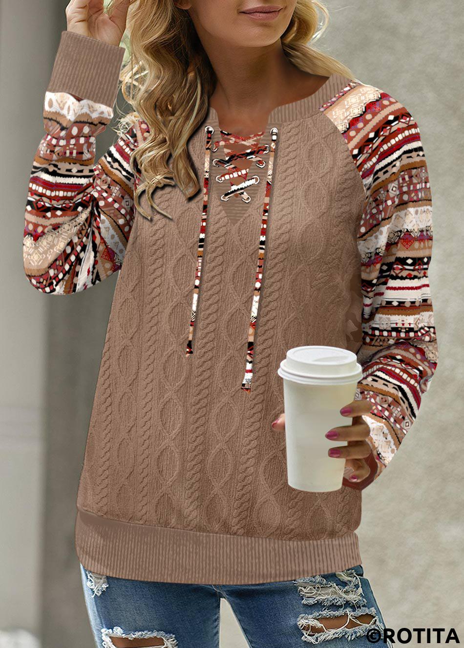 Dark Camel tops,Tribal tops,Striped tops,Geometric tops,Dot tops,ROTITA Patchwork Tribal Print Dark Camel Split Neck Long Sleeve Sweatshirt