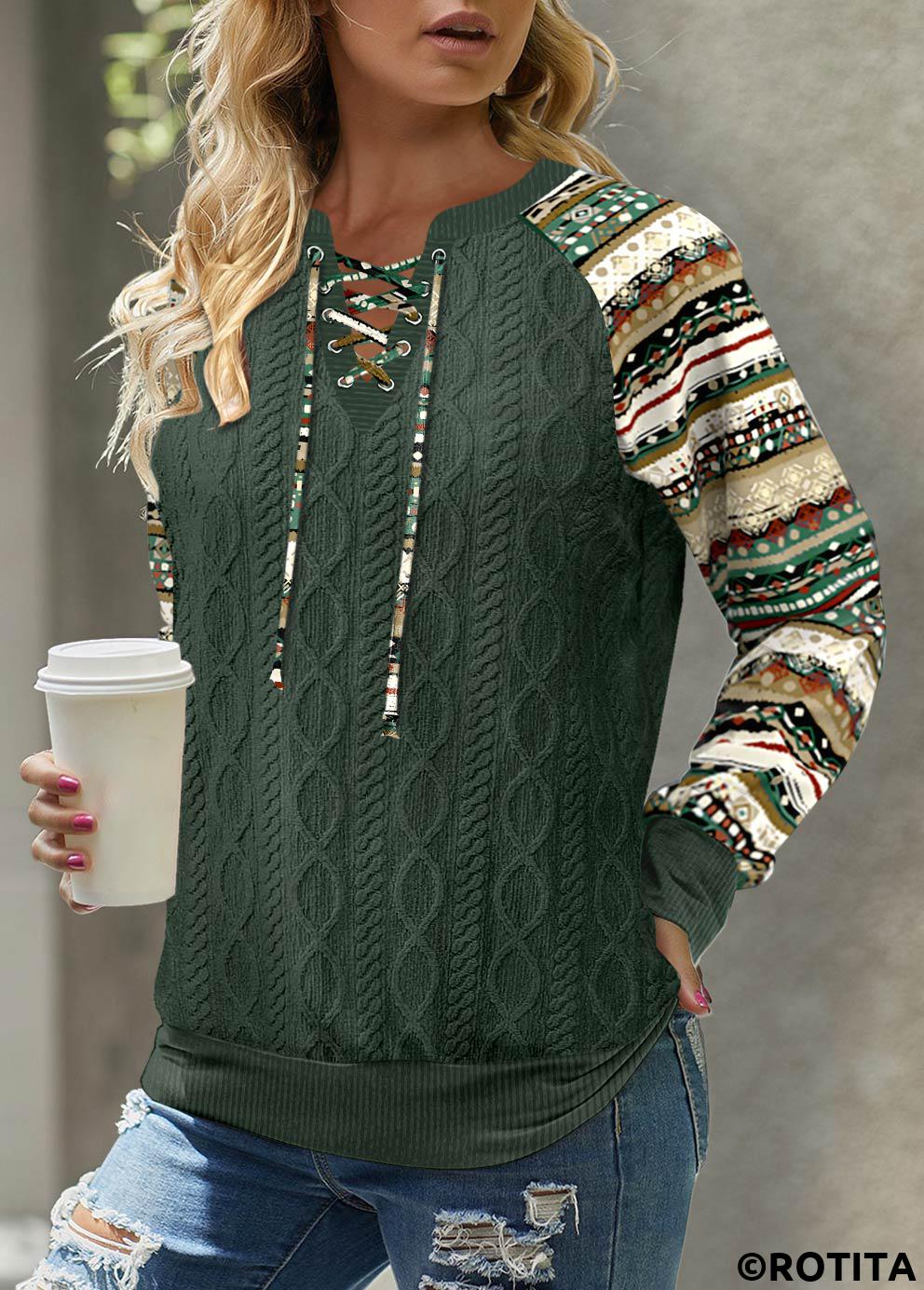 Green tops,Tribal tops,Striped tops,Geometric tops,Dot tops,ROTITA Patchwork Tribal Print Green Split Neck Long Sleeve Sweatshirt