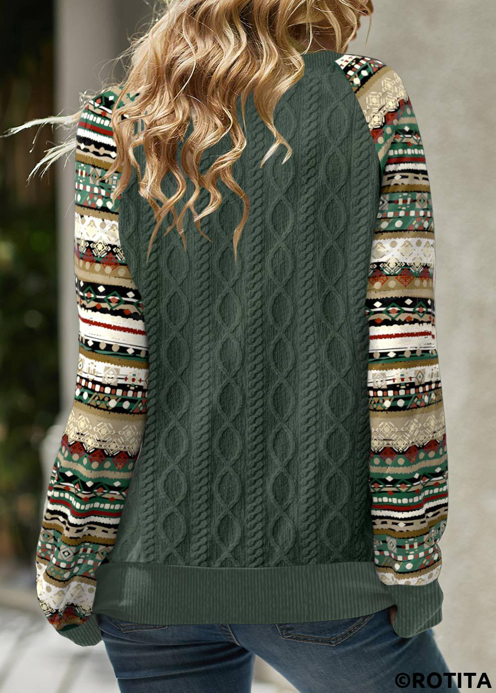 Green tops,Tribal tops,Striped tops,Geometric tops,Dot tops,ROTITA Patchwork Tribal Print Green Split Neck Long Sleeve Sweatshirt