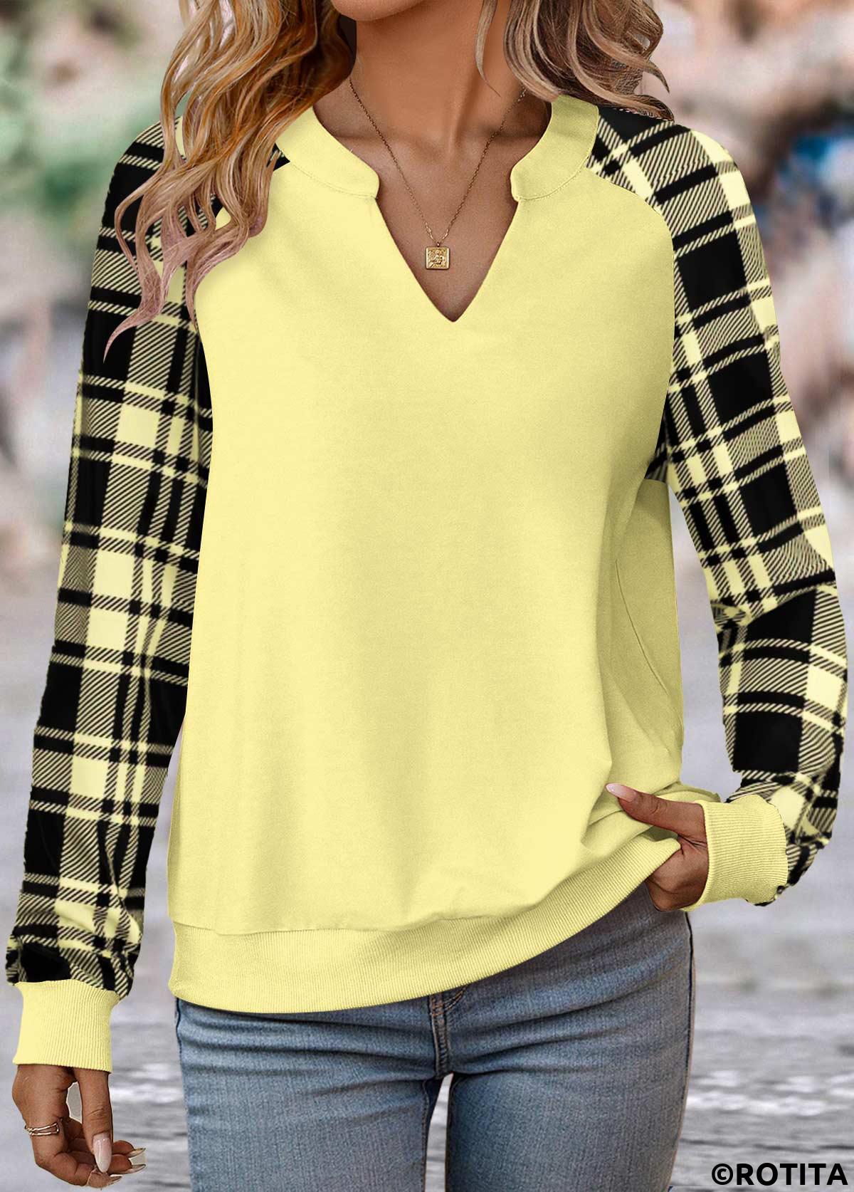 Light Yellow tops,Plaid tops,Geometric tops,Striped tops,ROTITA Split Plaid Light Yellow Long Sleeve Sweatshirt