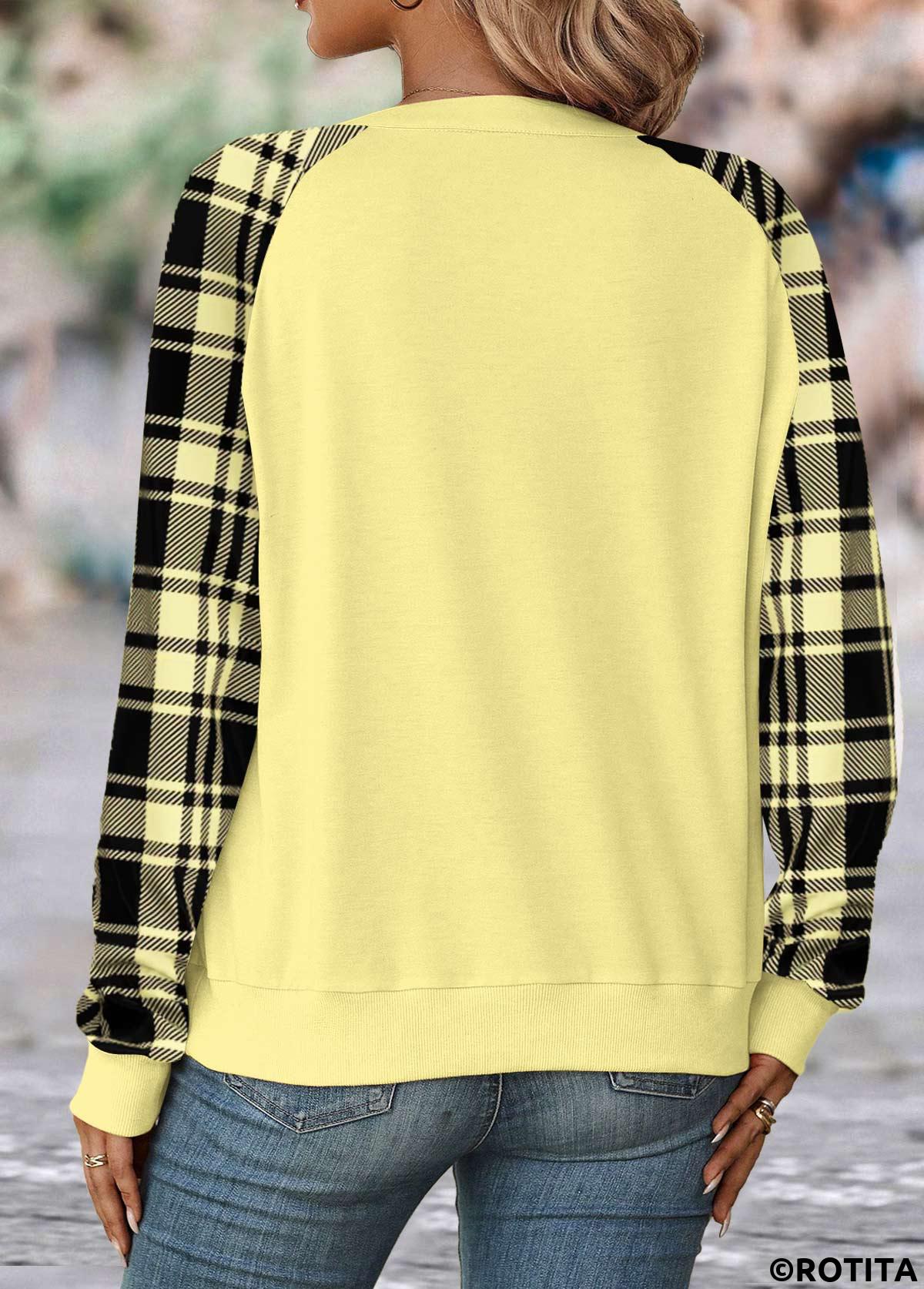 Light Yellow tops,Plaid tops,Geometric tops,Striped tops,ROTITA Split Plaid Light Yellow Long Sleeve Sweatshirt