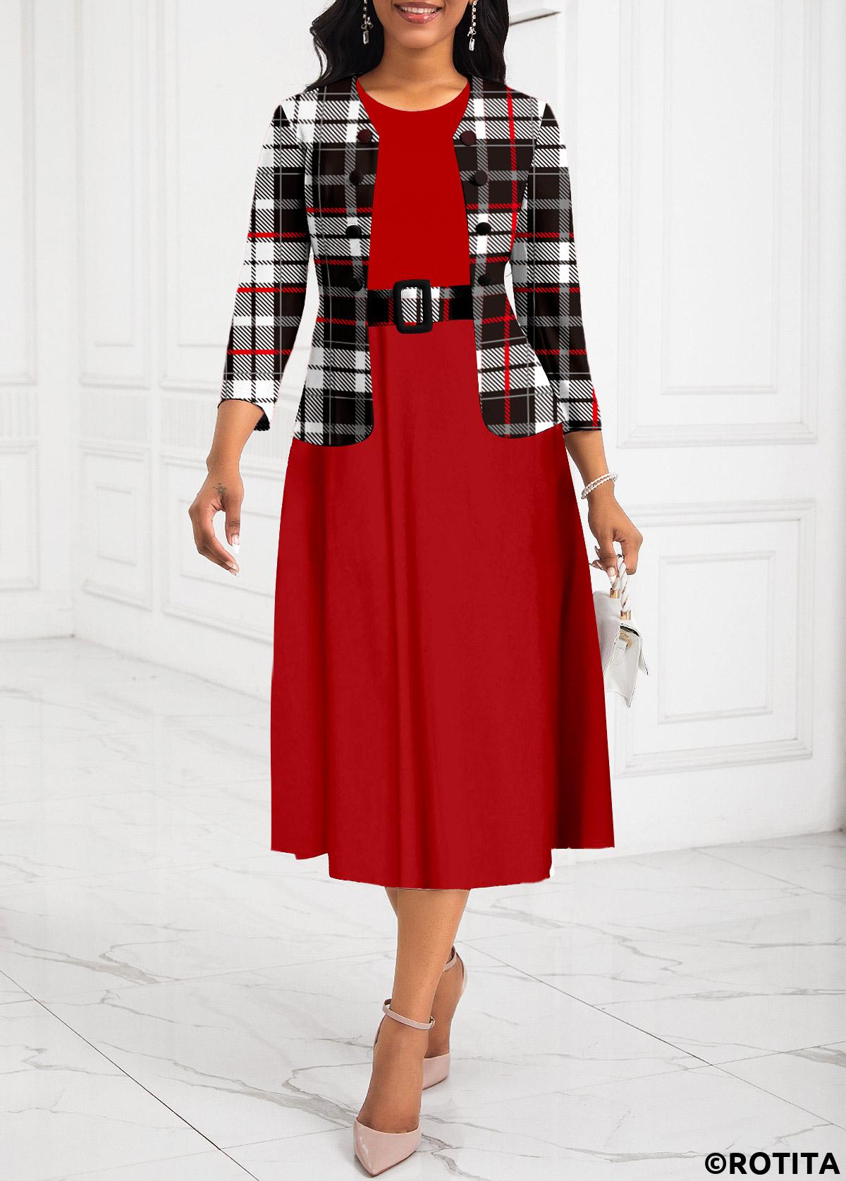 Red plus size,Plaid plus size,Striped plus size,Geometric plus size,ROTITA Plus Size Two Piece Red Belted Plaid Dress