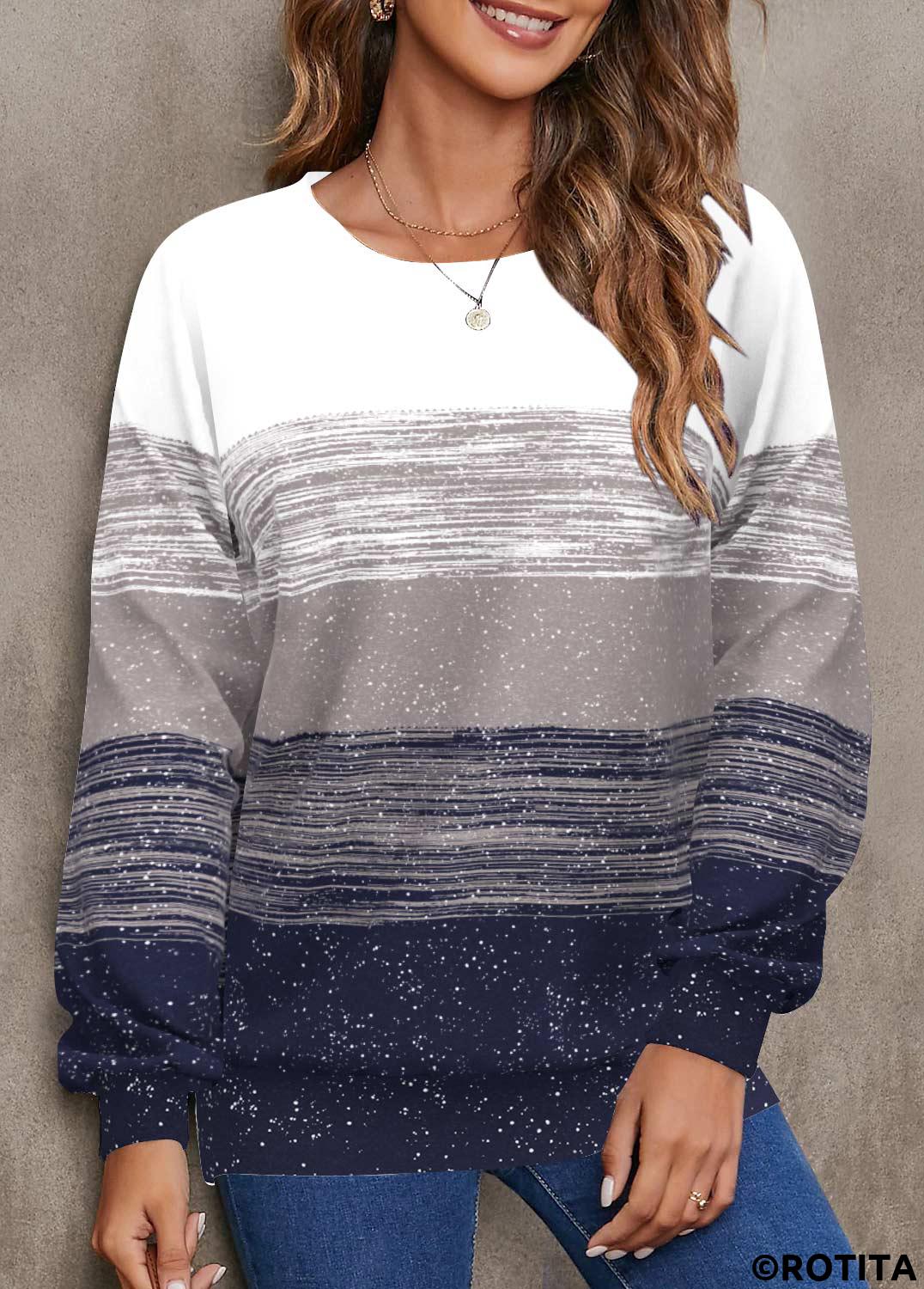 Navy tops,Geometric tops,Striped tops,ROTITA Geometric Print Navy Round Neck Long Sleeve Sweatshirt
