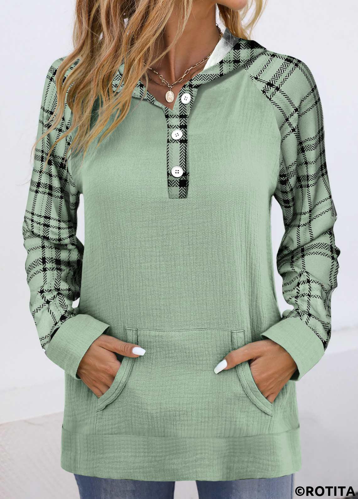 Sage Green tops,Plaid tops,Striped tops,Geometric tops,ROTITA Pocket Plaid Sage Green Long Sleeve Hoodie