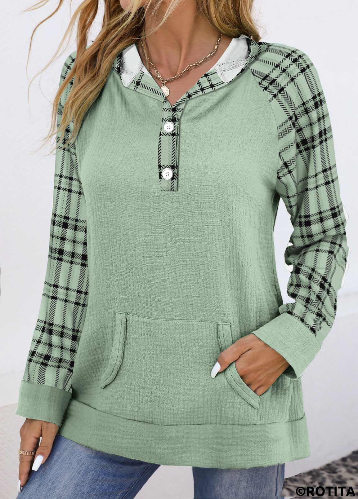 Sage Green tops,Plaid tops,Striped tops,Geometric tops,ROTITA Pocket Plaid Sage Green Long Sleeve Hoodie
