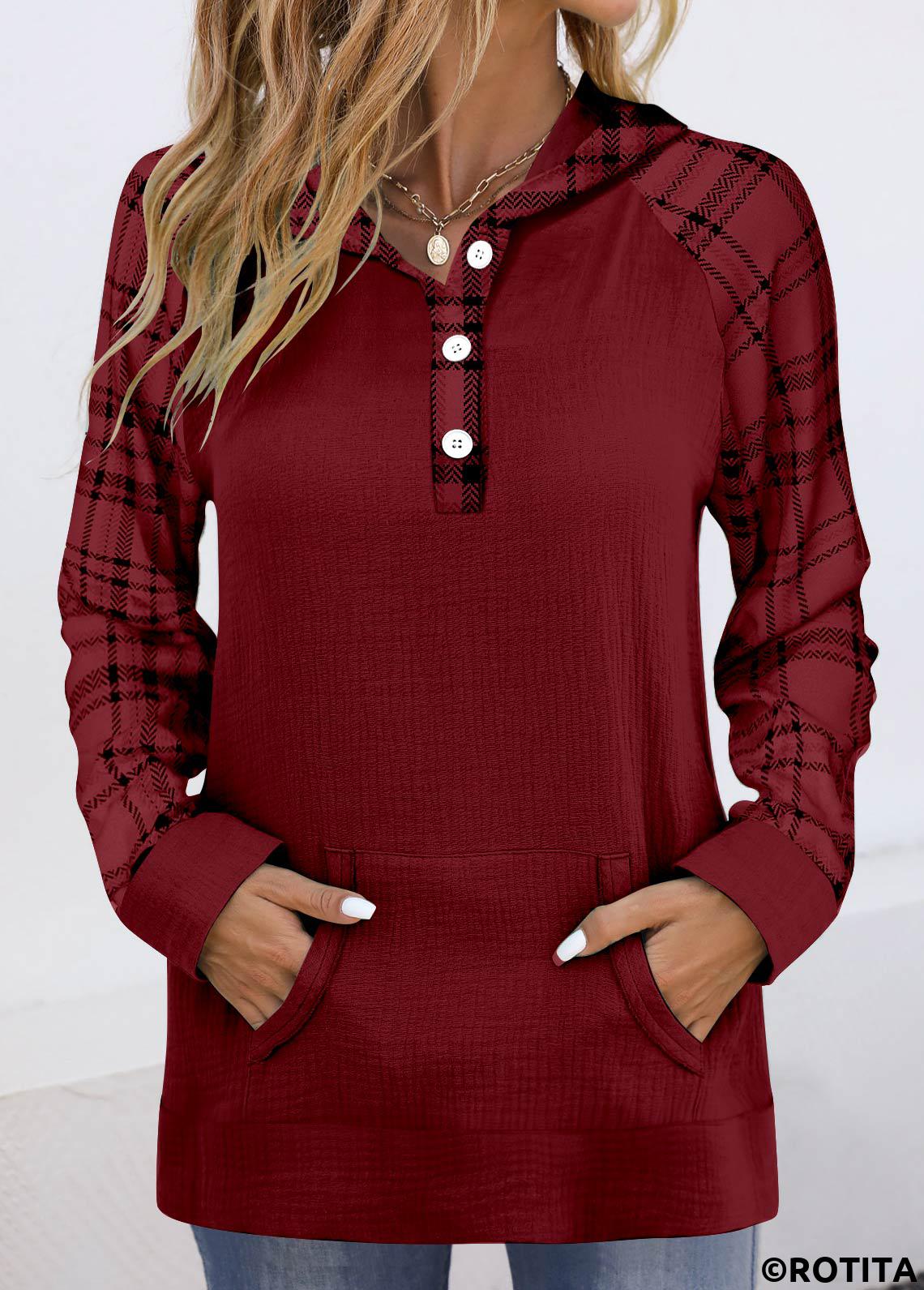 Wine Red tops,Plaid tops,Striped tops,Geometric tops,ROTITA Pocket Plaid Wine Red Long Sleeve Hoodie