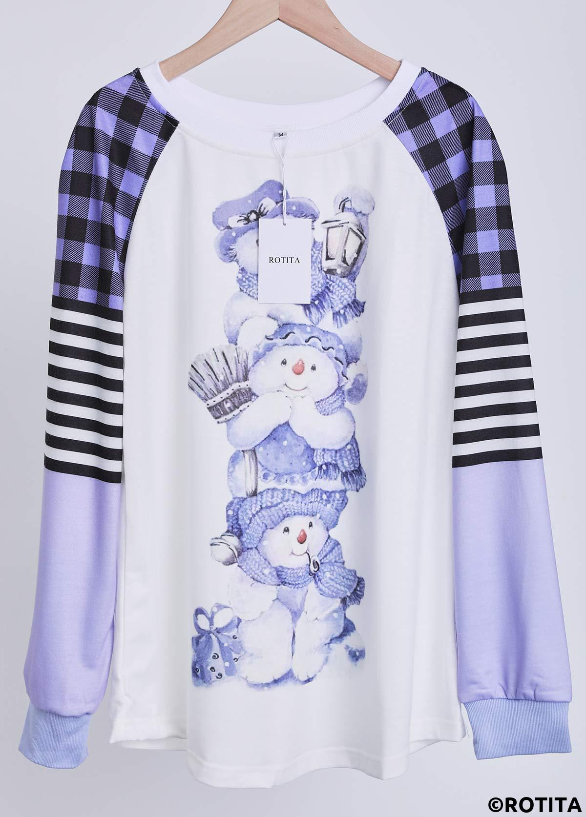 Light Purple tops,White tops,Christmas tops,Plaid tops,Striped tops,Geometric tops,ROTITA Patchwork Snowman Print Light Purple Round Neck T Shirt