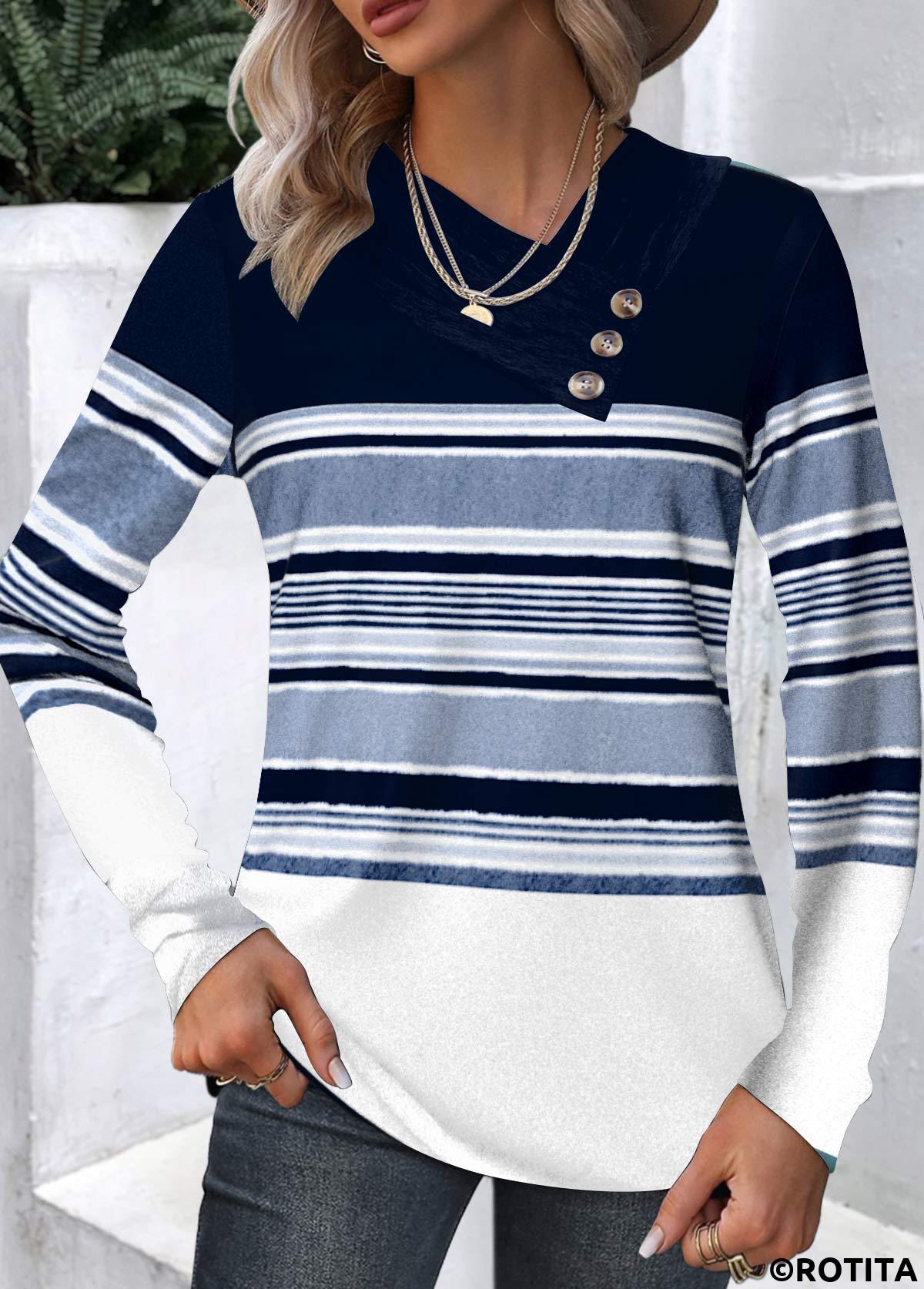 Navy tops,Dusty Blue tops,Striped tops,ROTITA Patchwork Striped Navy Asymmetrical Neck Long Sleeve T Shirt