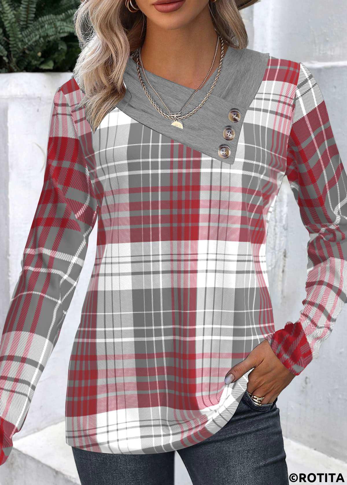 Wine Red tops,Plaid tops,Geometric tops,Striped tops,ROTITA Patchwork Plaid Wine Red Asymmetrical Neck Long Sleeve Sweatshirt