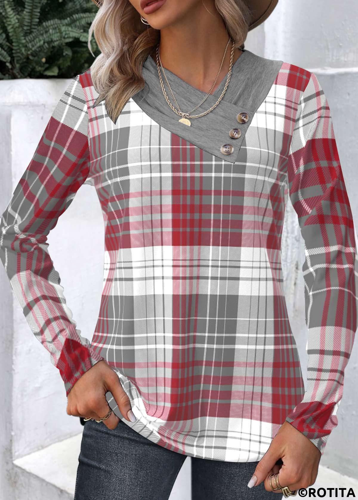 Wine Red tops,Plaid tops,Geometric tops,Striped tops,ROTITA Patchwork Plaid Wine Red Asymmetrical Neck Long Sleeve Sweatshirt