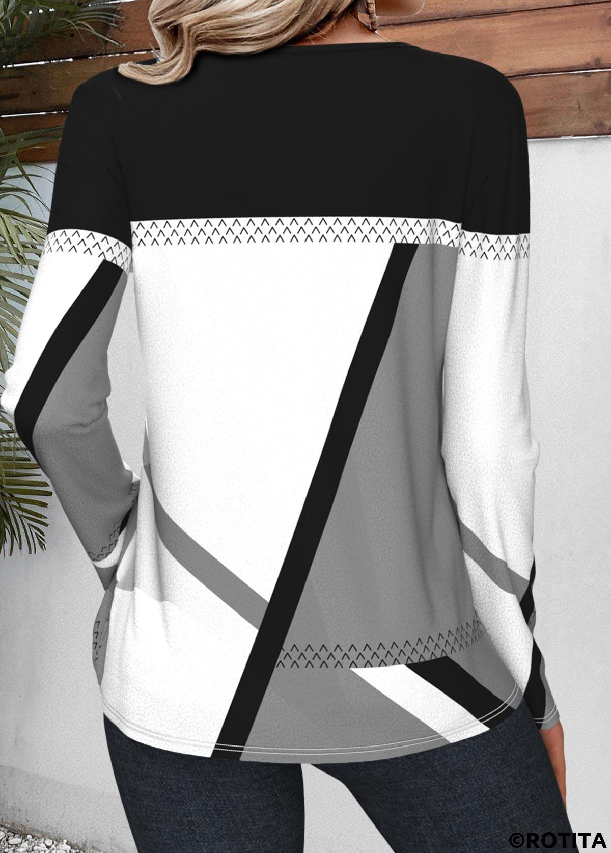 Grey tops,Geometric tops,Striped tops,ROTITA Patchwork Geometric Print Multi Color Round Neck T Shirt