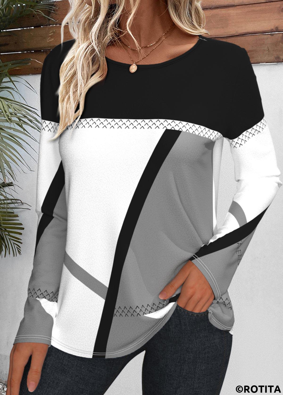 Grey tops,Geometric tops,Striped tops,ROTITA Patchwork Geometric Print Multi Color Round Neck T Shirt