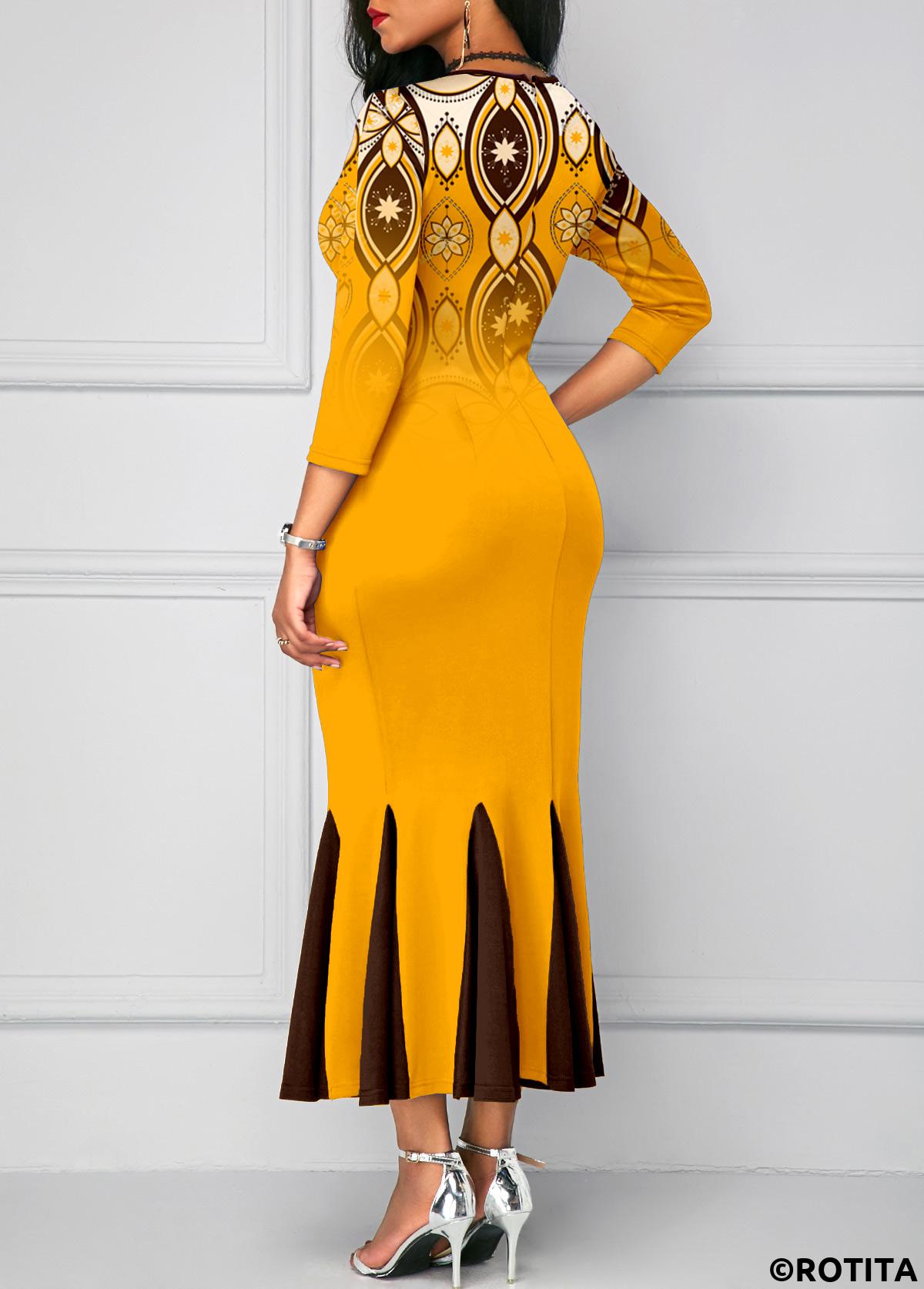Ginger dresses,Tribal dresses,Ombre dresses,Party dresses,Elegant dresses,ROTITA Mermaid Tribal Print Ginger Round Neck Bodycon Dress