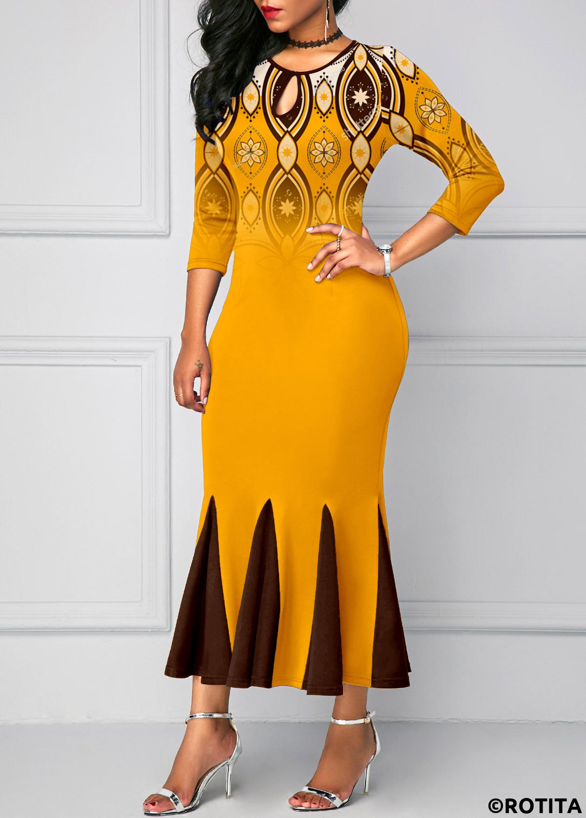Ginger dresses,Tribal dresses,Ombre dresses,Party dresses,Elegant dresses,ROTITA Mermaid Tribal Print Ginger Round Neck Bodycon Dress