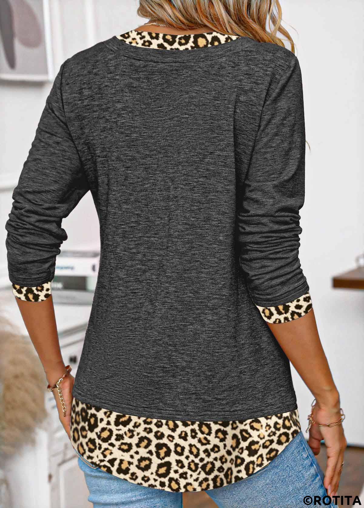 Dark Grey plus size,Leopard plus size,ROTITA Plus Size Patchwork Dark Grey Leopard T Shirt