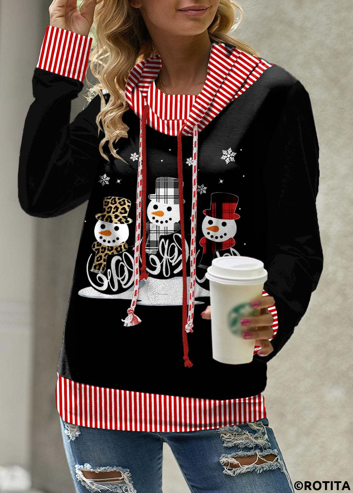 Red tops,Christmas tops,Striped tops,Geometric tops,Letter tops,ROTITA Christmas Snowman Print Red Cowl Neck Long Sleeve Sweatshirt