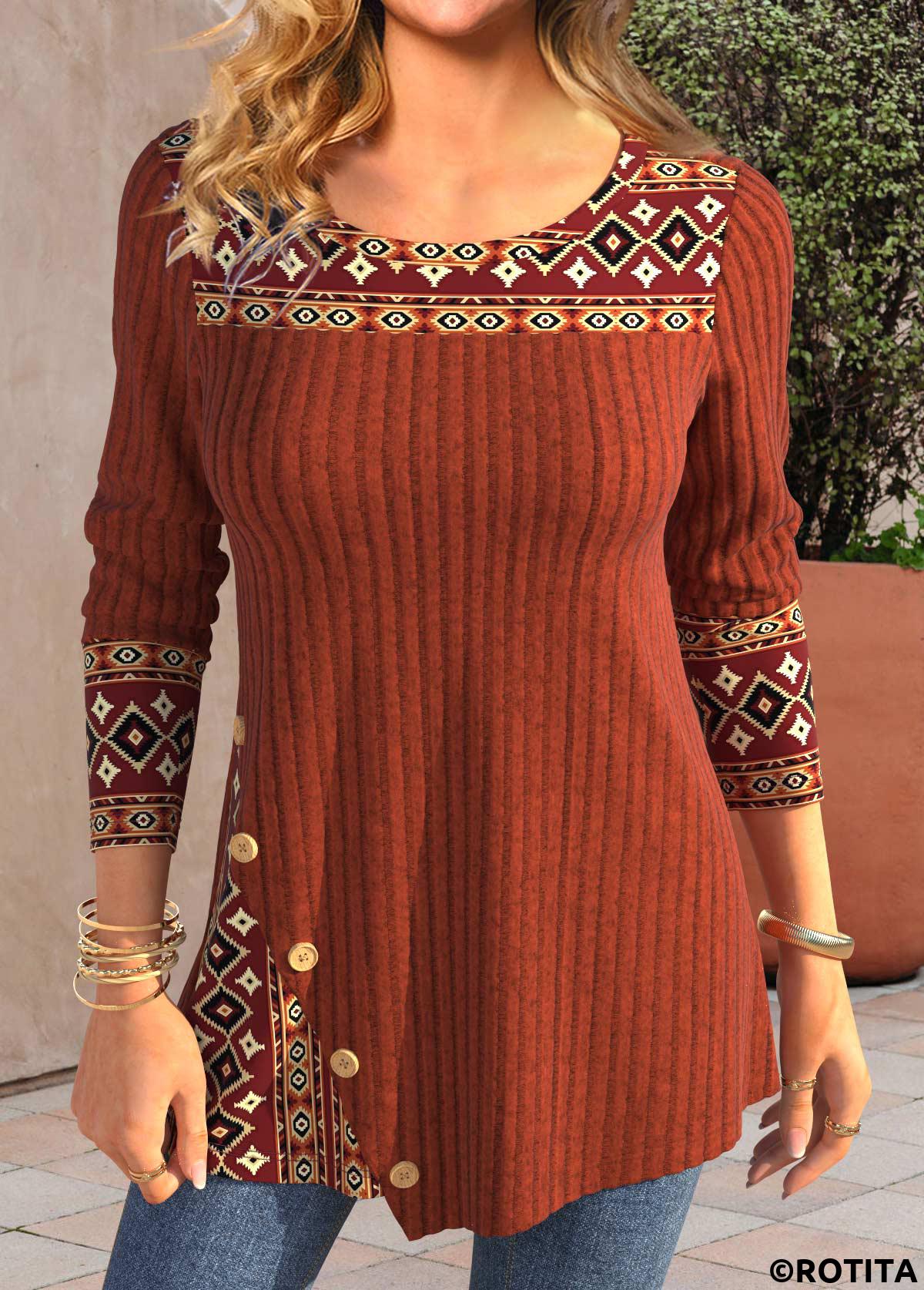 Brick Red tops,Tribal tops,Striped tops,Geometric tops,ROTITA Patchwork Tribal Print Brick Red Round Neck T Shirt