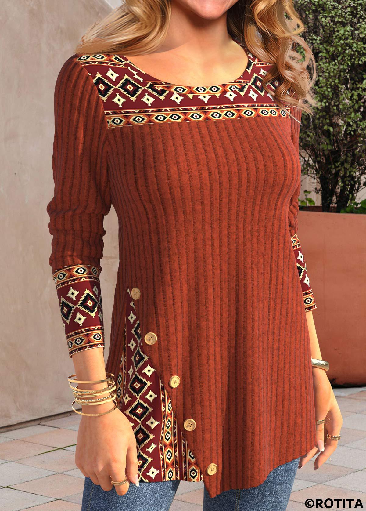 Brick Red tops,Tribal tops,Striped tops,Geometric tops,ROTITA Patchwork Tribal Print Brick Red Round Neck T Shirt