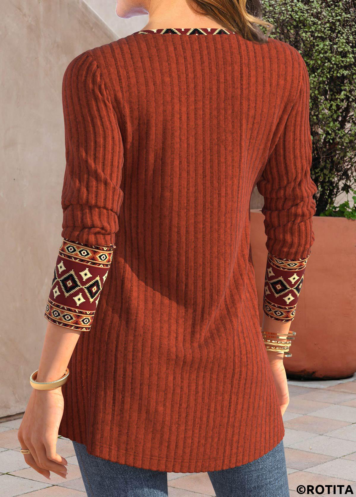 Brick Red tops,Tribal tops,Striped tops,Geometric tops,ROTITA Patchwork Tribal Print Brick Red Round Neck T Shirt