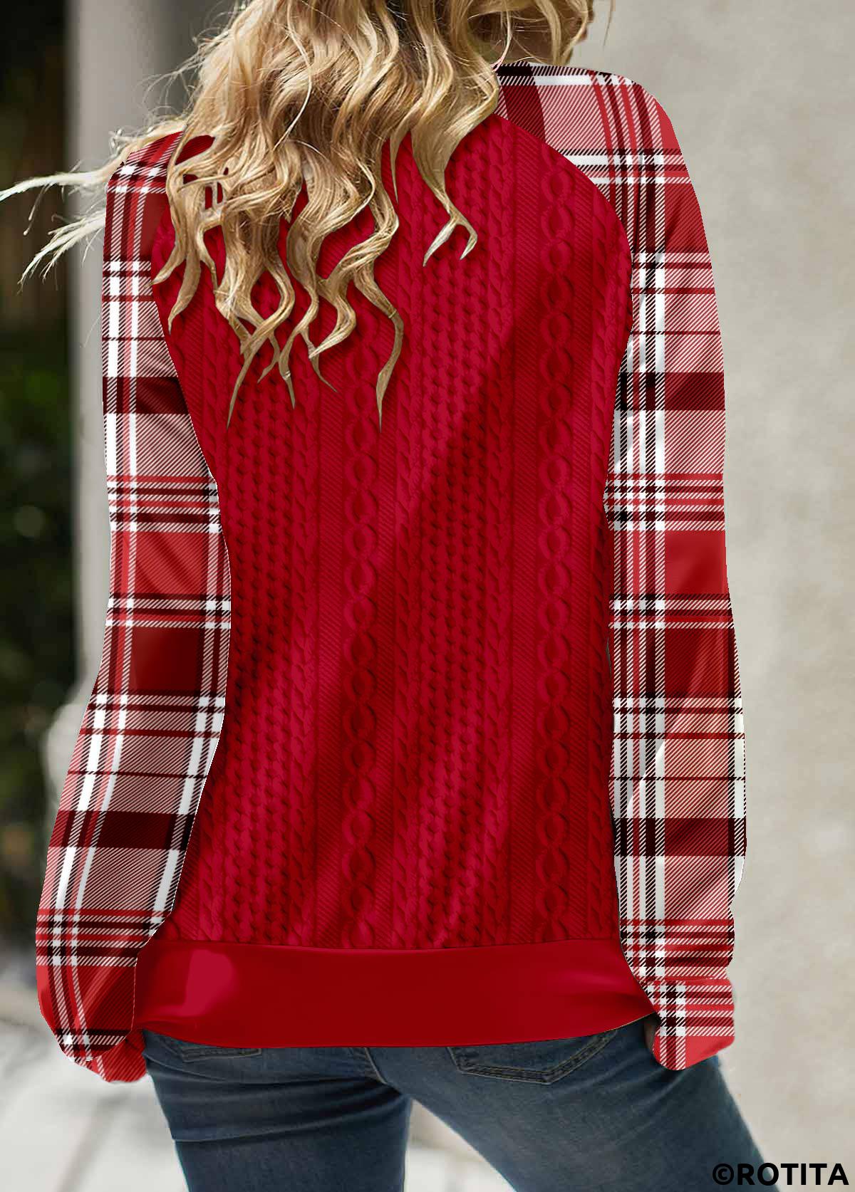 ROTITA Lace Up Plaid Red Split Neck Long Sleeve Sweatshirt