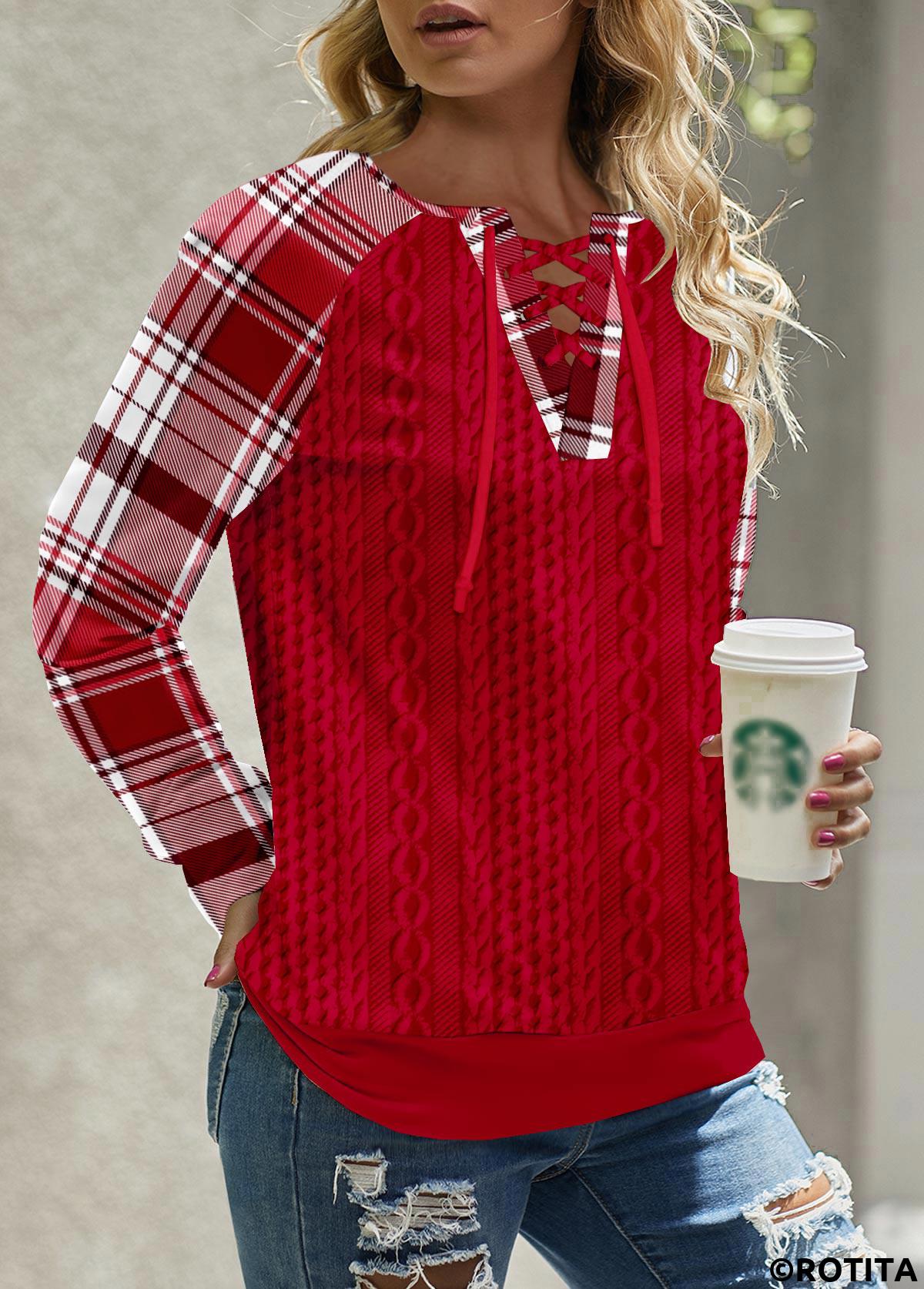ROTITA Lace Up Plaid Red Split Neck Long Sleeve Sweatshirt