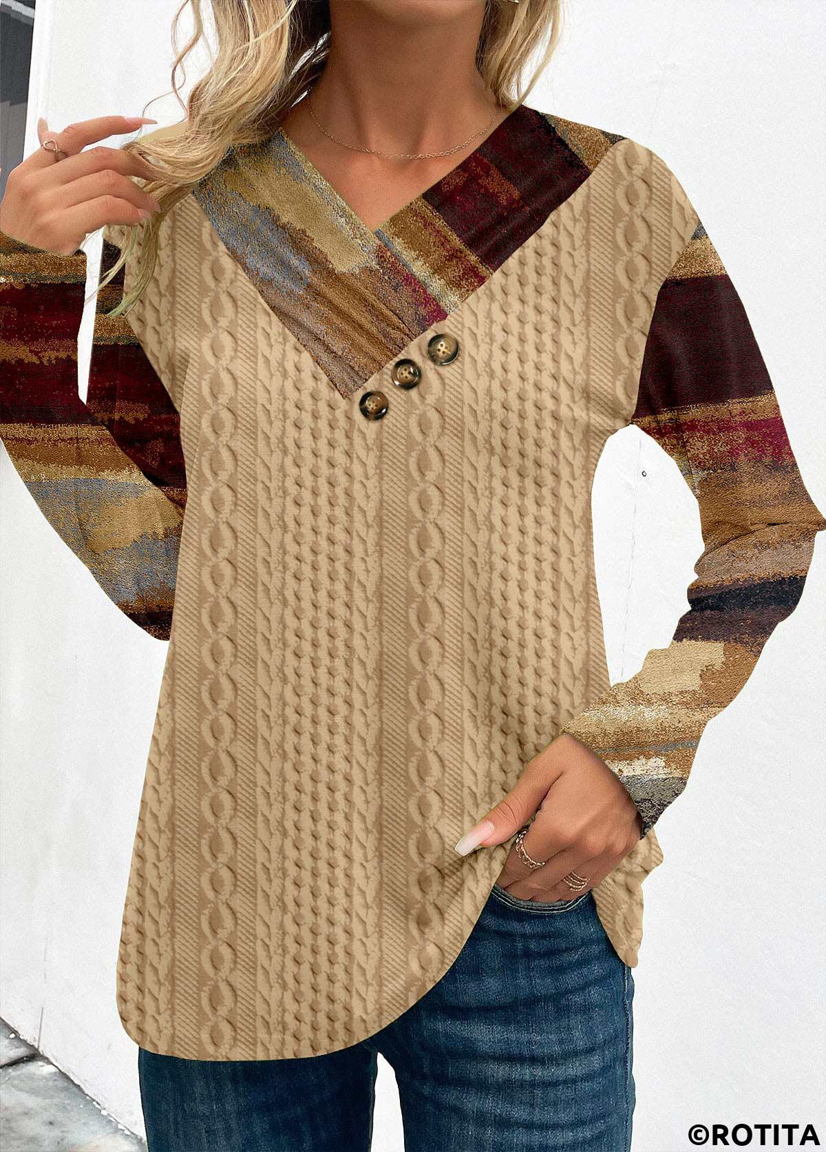 Light Camel tops,Graphic tops,ROTITA Patchwork Graffiti Print Light Camel V Neck Sweatshirt