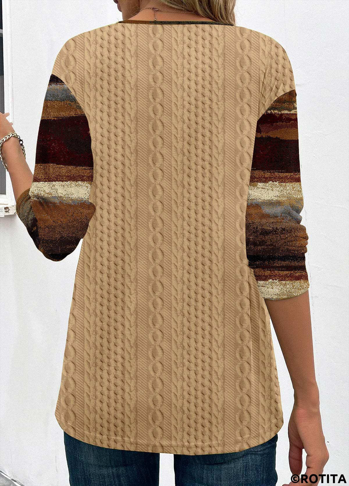 Light Camel tops,Graphic tops,ROTITA Patchwork Graffiti Print Light Camel V Neck Sweatshirt