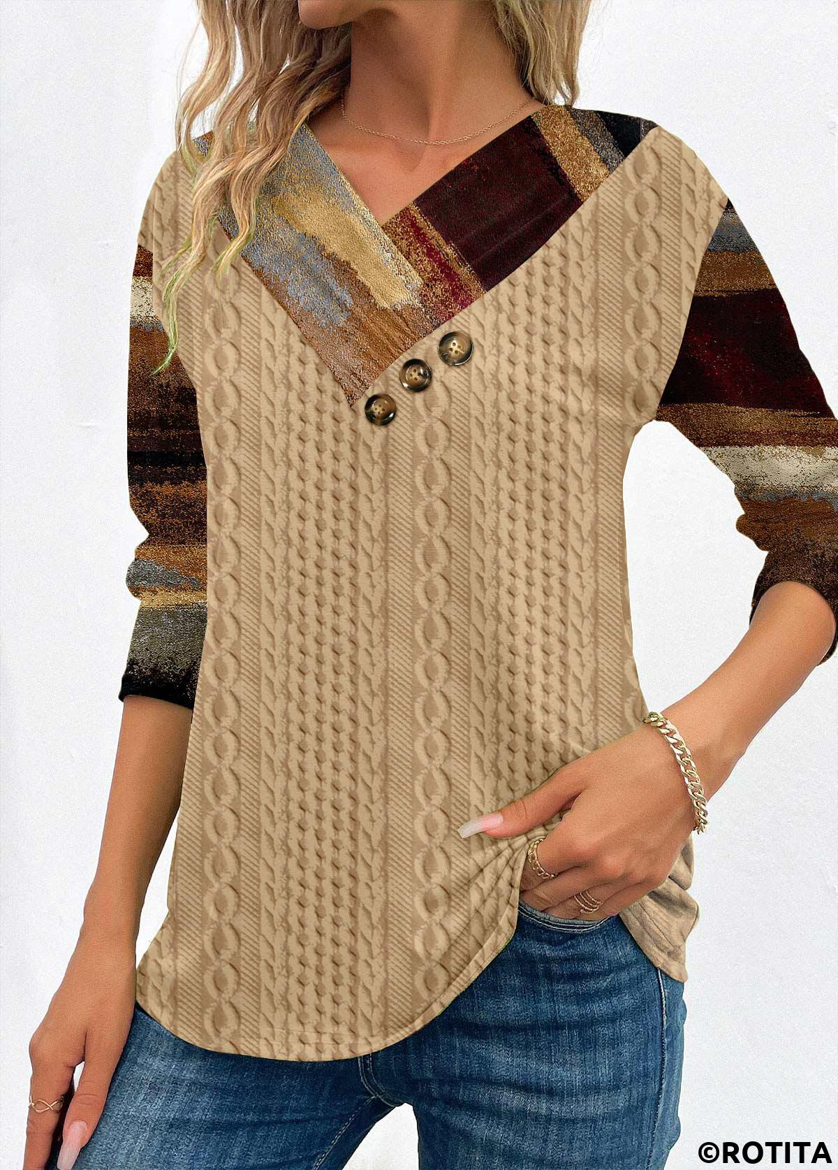 Light Camel tops,Graphic tops,ROTITA Patchwork Graffiti Print Light Camel V Neck Sweatshirt