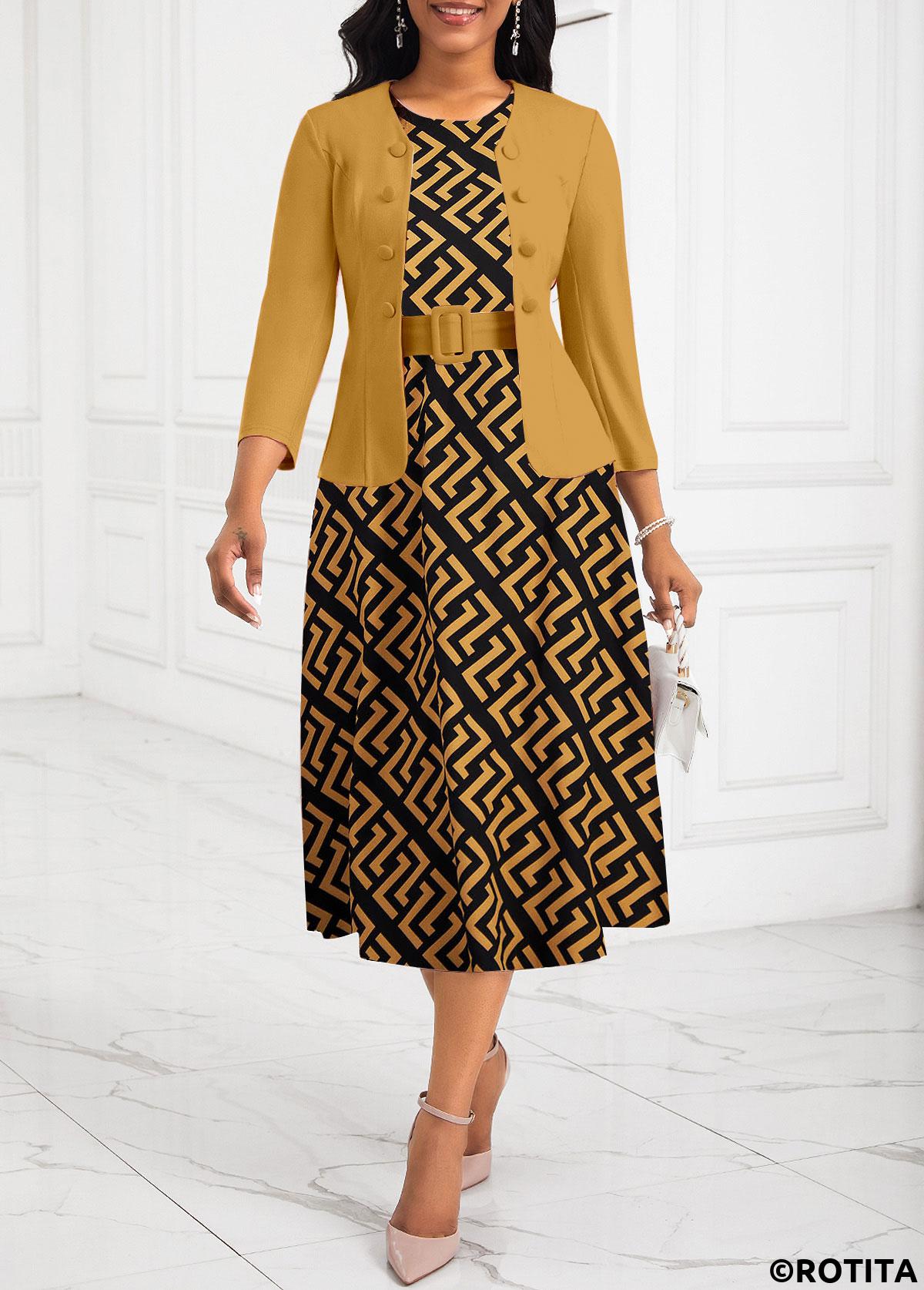 Ginger dresses,Geometric dresses,Party dresses,Elegant dresses,ROTITA Two Piece Geometric Print Ginger Belted Round Neck Dress and Cardigan
