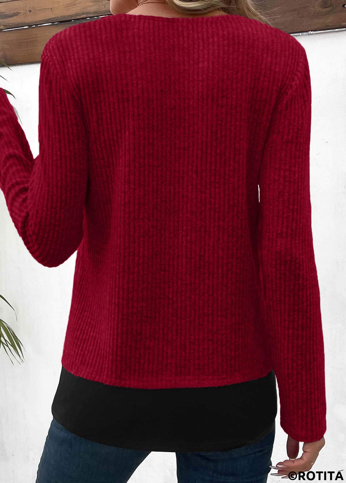 Wine Red plus size,Contrast Color plus size,ROTITA Plus Size Patchwork Wine Red Fake Two Piece Twinset