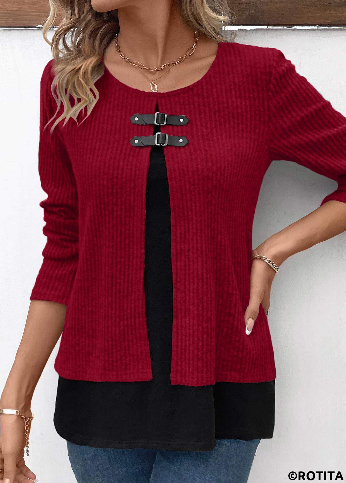 Wine Red plus size,Contrast Color plus size,ROTITA Plus Size Patchwork Wine Red Fake Two Piece Twinset