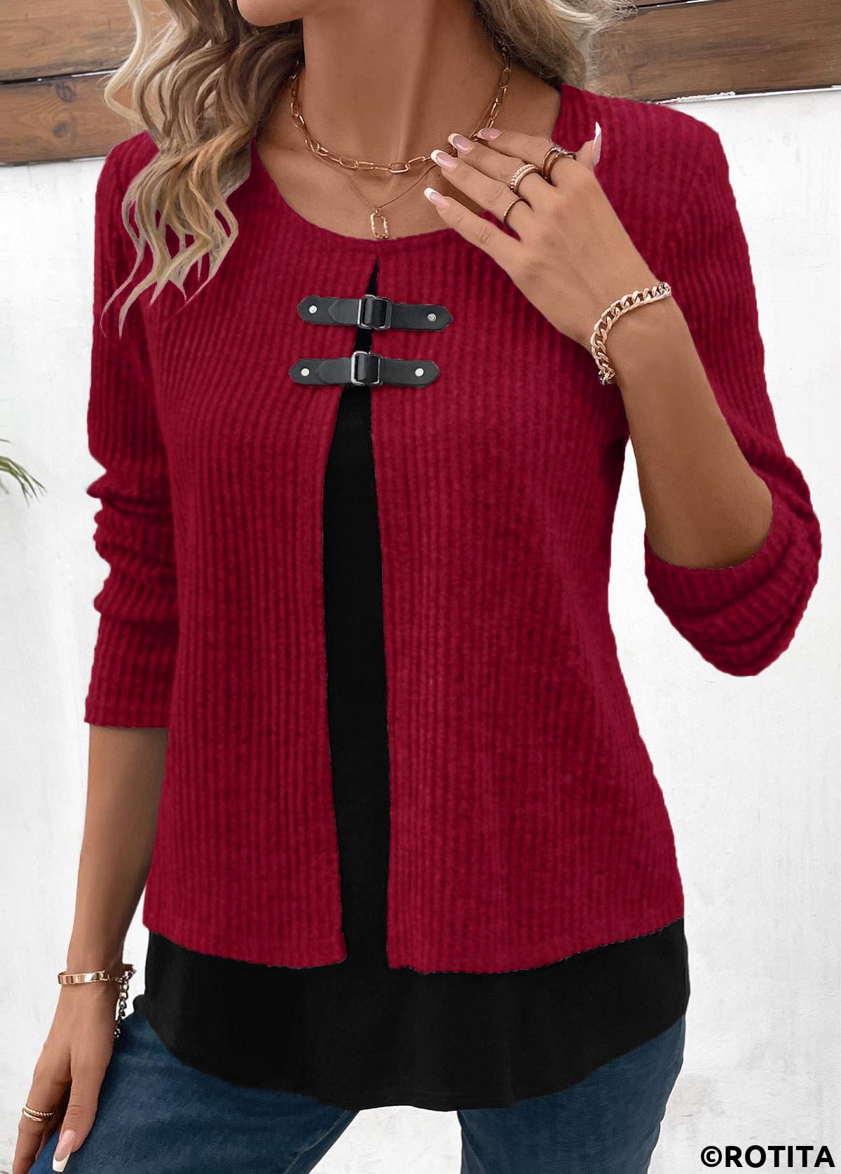 Wine Red plus size,Contrast Color plus size,ROTITA Plus Size Patchwork Wine Red Fake Two Piece Twinset