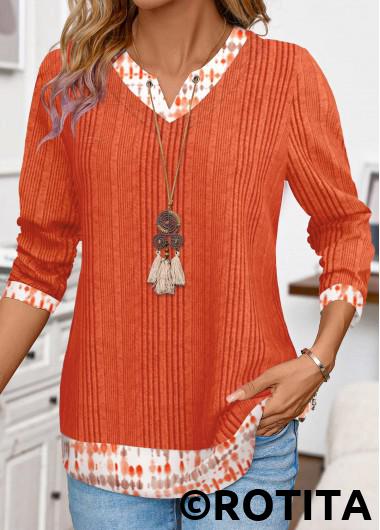 Orange tops,Tie Dye tops,ROTITA Patchwork Tie Dye Print Orange Split Neck T Shirt