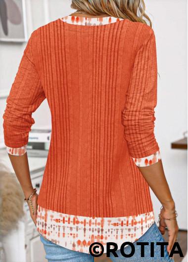 Orange tops,Tie Dye tops,ROTITA Patchwork Tie Dye Print Orange Split Neck T Shirt