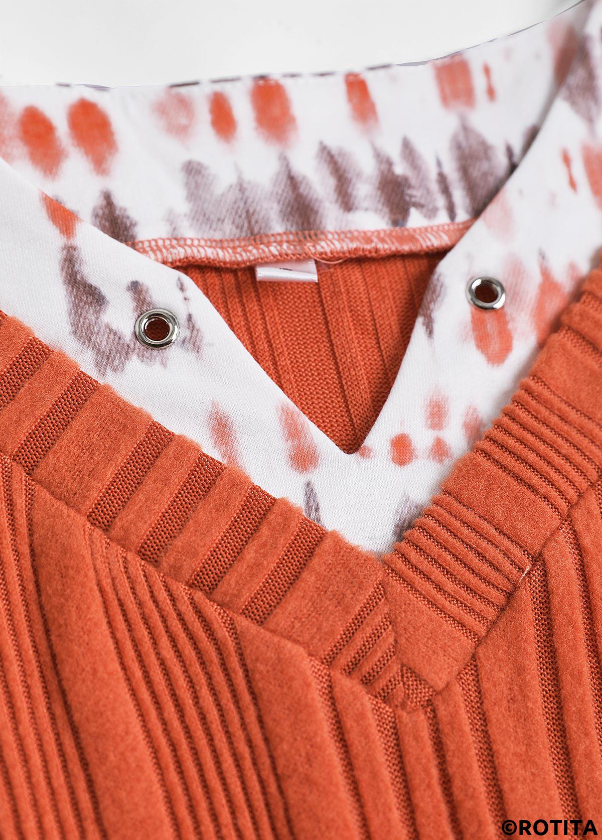 Orange tops,Tie Dye tops,ROTITA Patchwork Tie Dye Print Orange Split Neck T Shirt