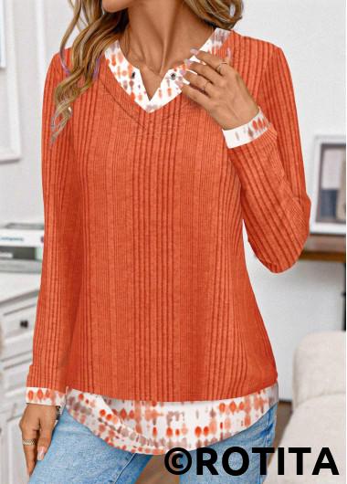 Orange tops,Tie Dye tops,ROTITA Patchwork Tie Dye Print Orange Split Neck T Shirt
