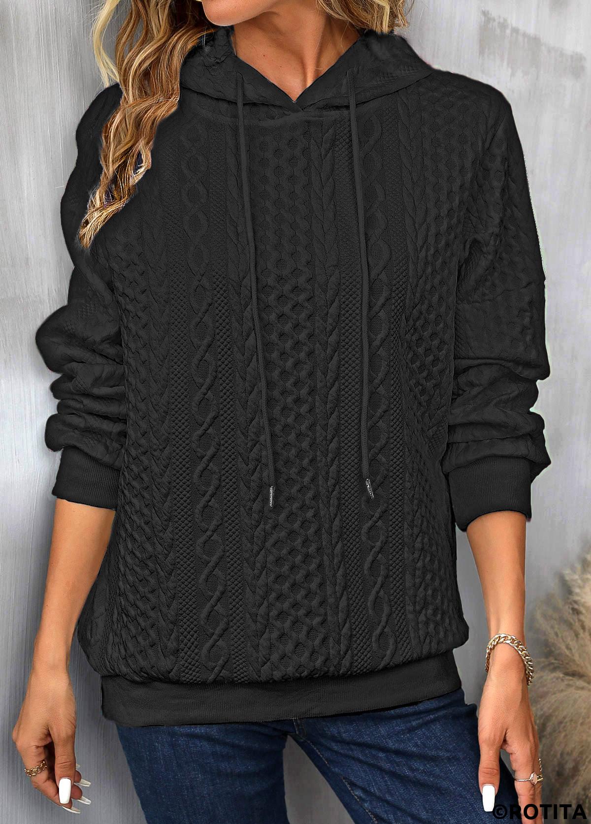 Black tops,Plain Color tops,Drawstring Twisted Black Long Sleeve Hoodie