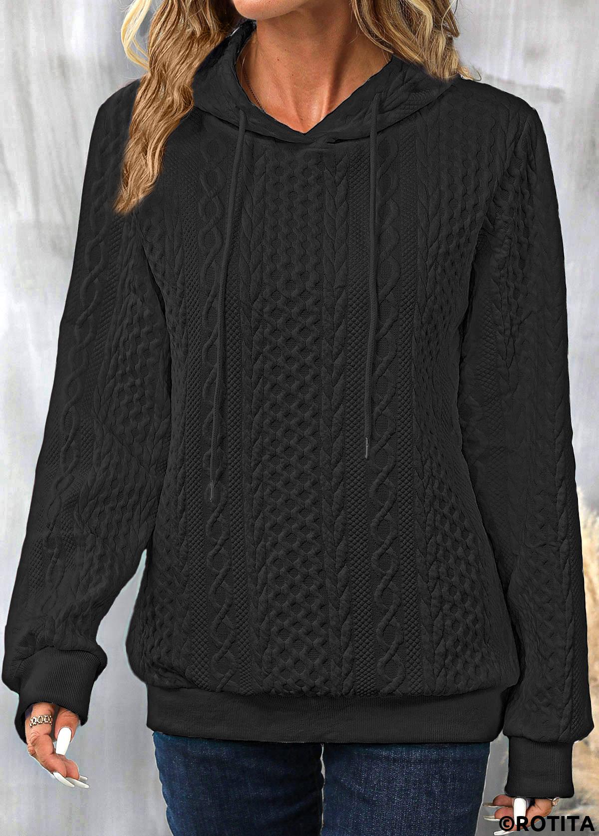 Black tops,Plain Color tops,Drawstring Twisted Black Long Sleeve Hoodie