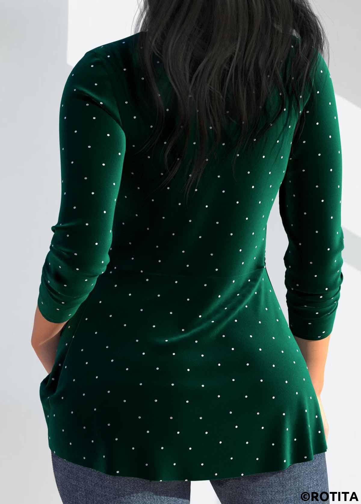 Blackish Green tops,Plain Color tops,ROTITA Velvet Blackish Green Heart Collar Long Sleeve T Shirt