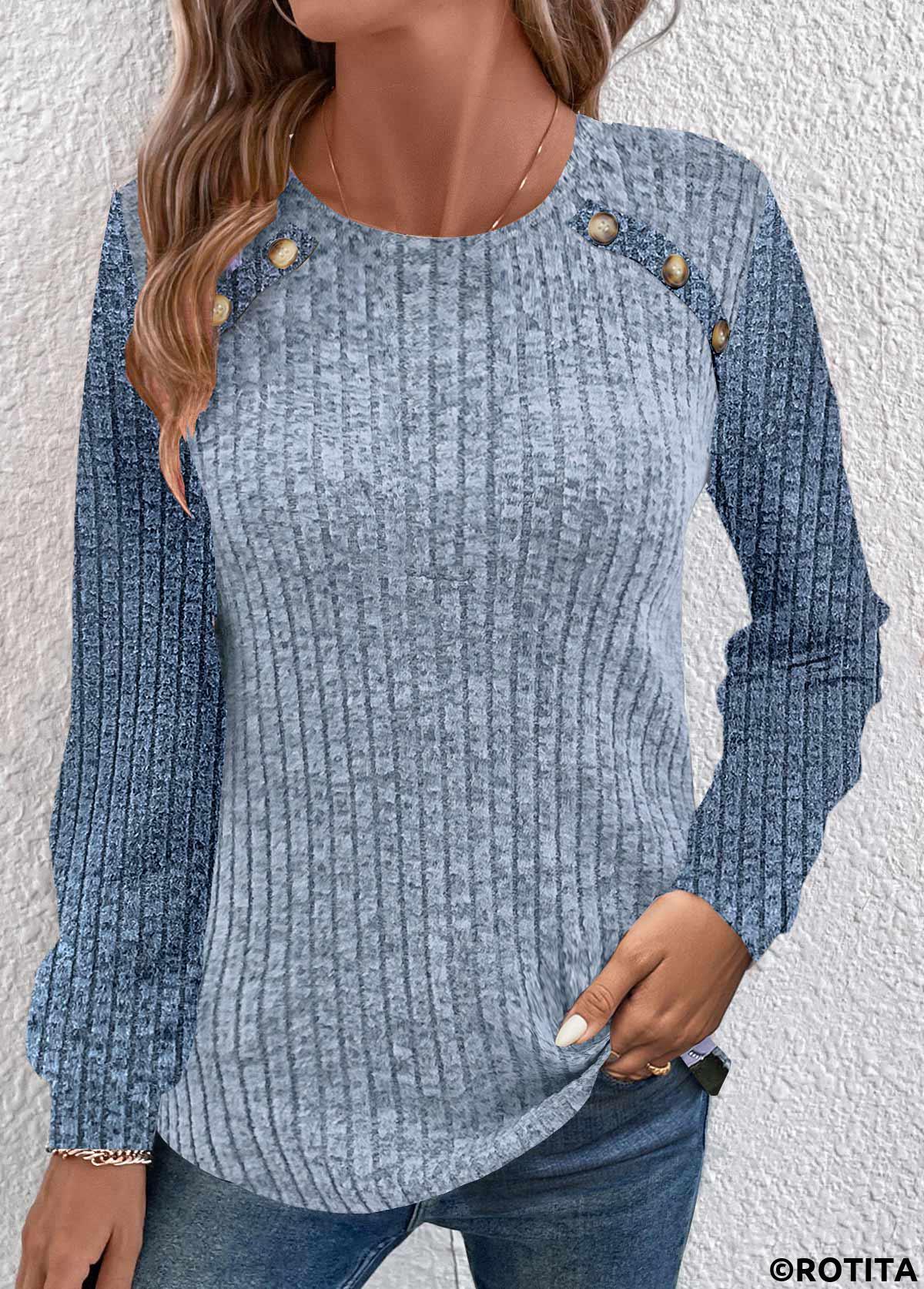 Dusty Blue tops,Contrast Color tops,ROTITA Patchwork Dusty Blue Round Neck Long Sleeve Sweatshirt