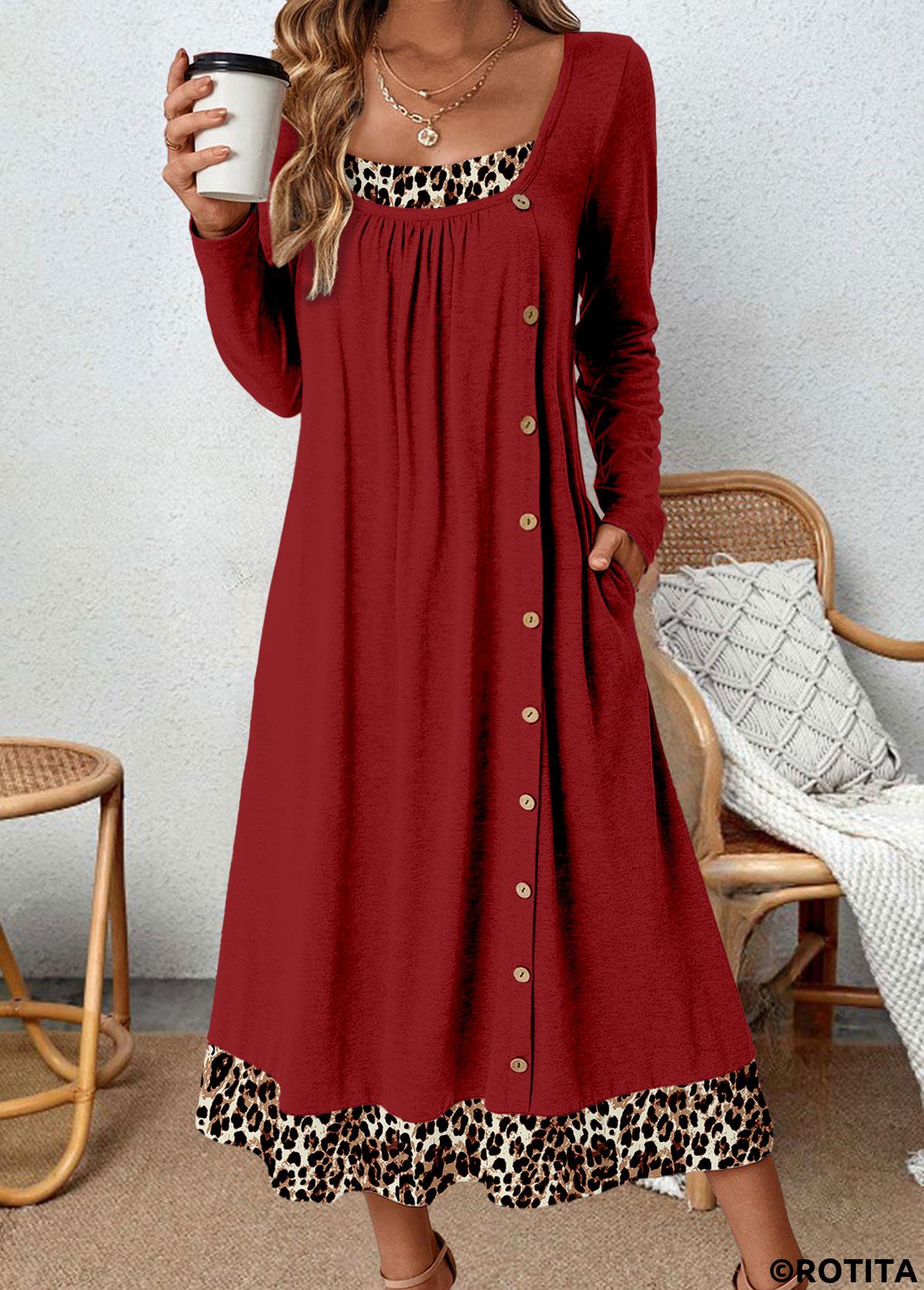 Wine Red dresses,Leopard dresses,Everyday dresses,Casual dresses,ROTITA Button Leopard Wine Red A Line Dress