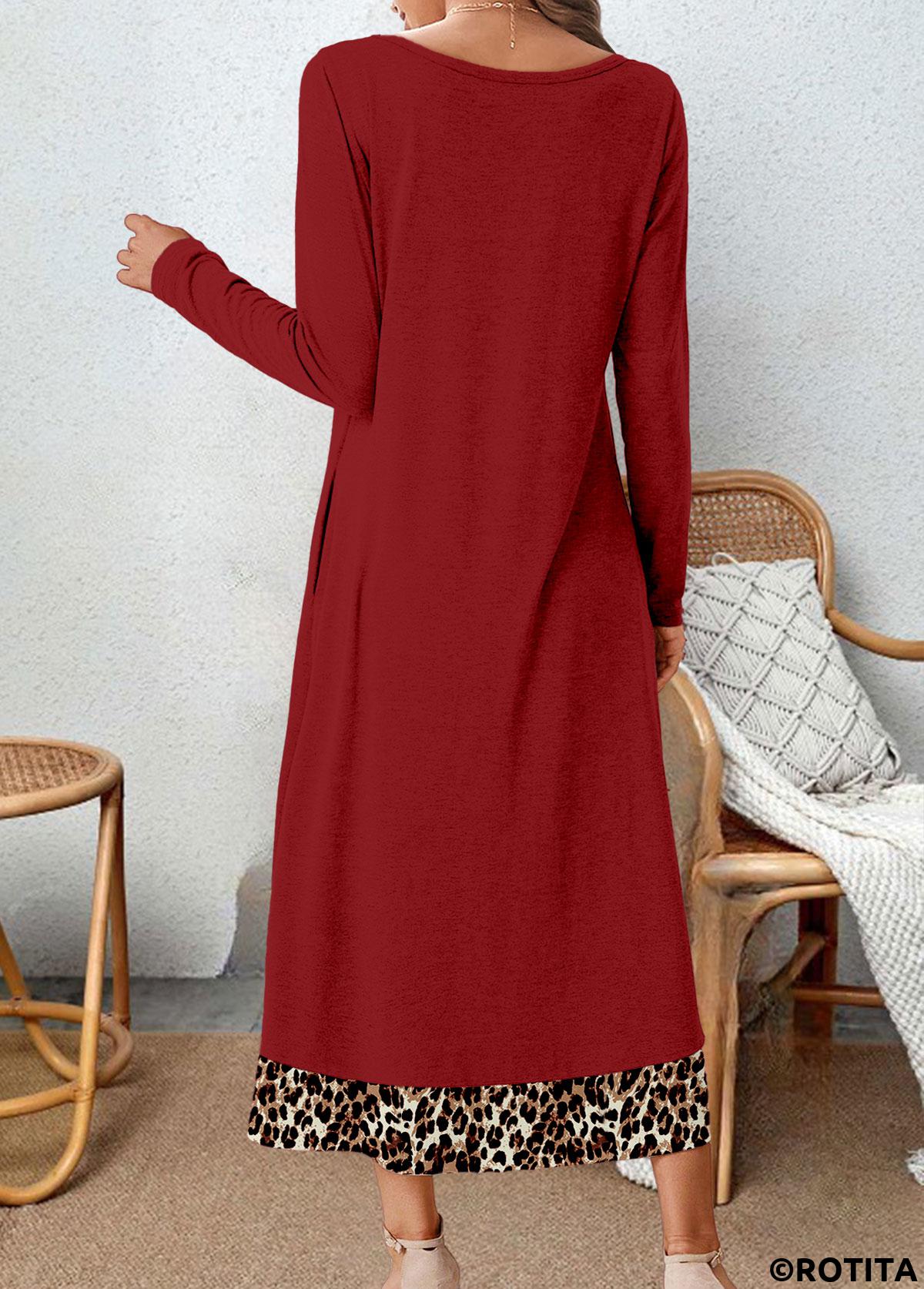 Wine Red dresses,Leopard dresses,Everyday dresses,Casual dresses,ROTITA Button Leopard Wine Red A Line Dress