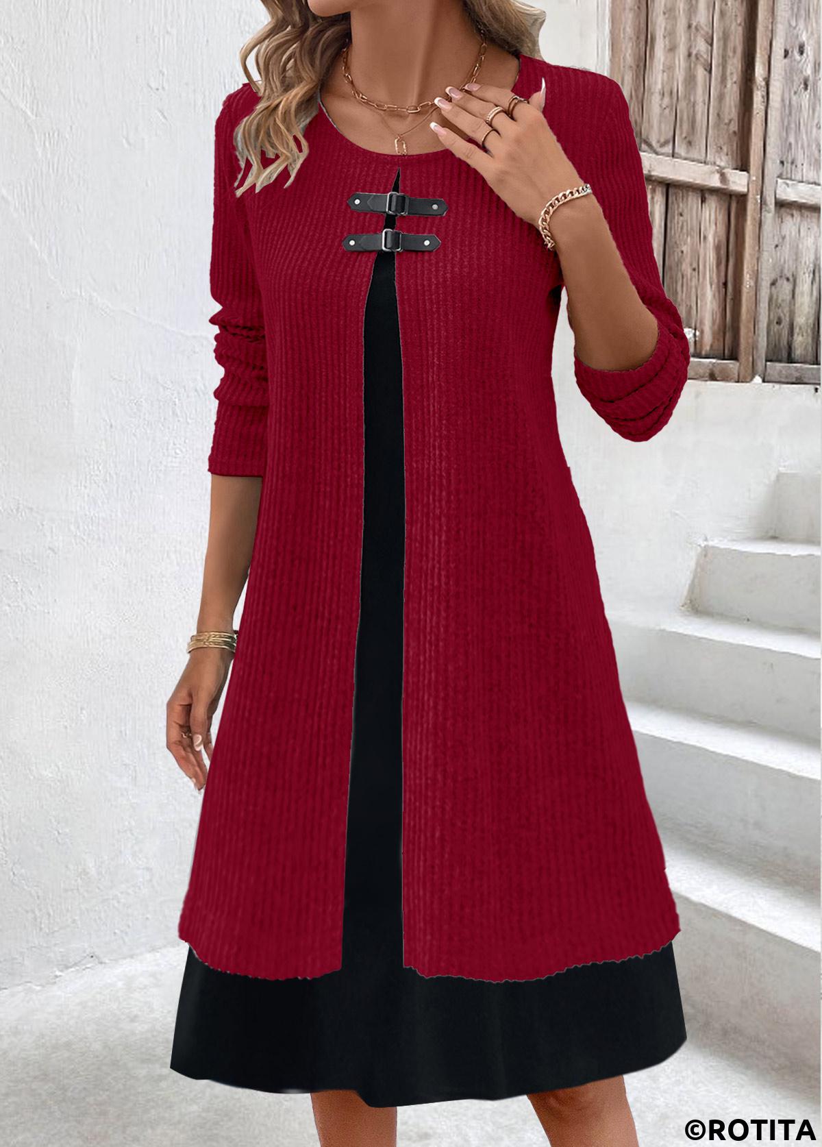 Wine Red dresses,Contrast Color dresses,Everyday dresses,Casual dresses,ROTITA Fake 2in1 Wine Red A Line Dress