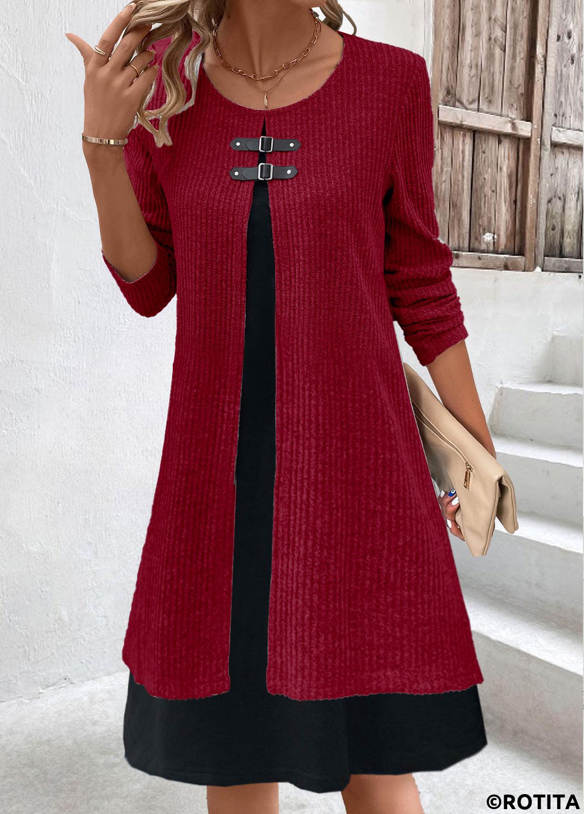 Wine Red dresses,Contrast Color dresses,Everyday dresses,Casual dresses,ROTITA Fake 2in1 Wine Red A Line Dress