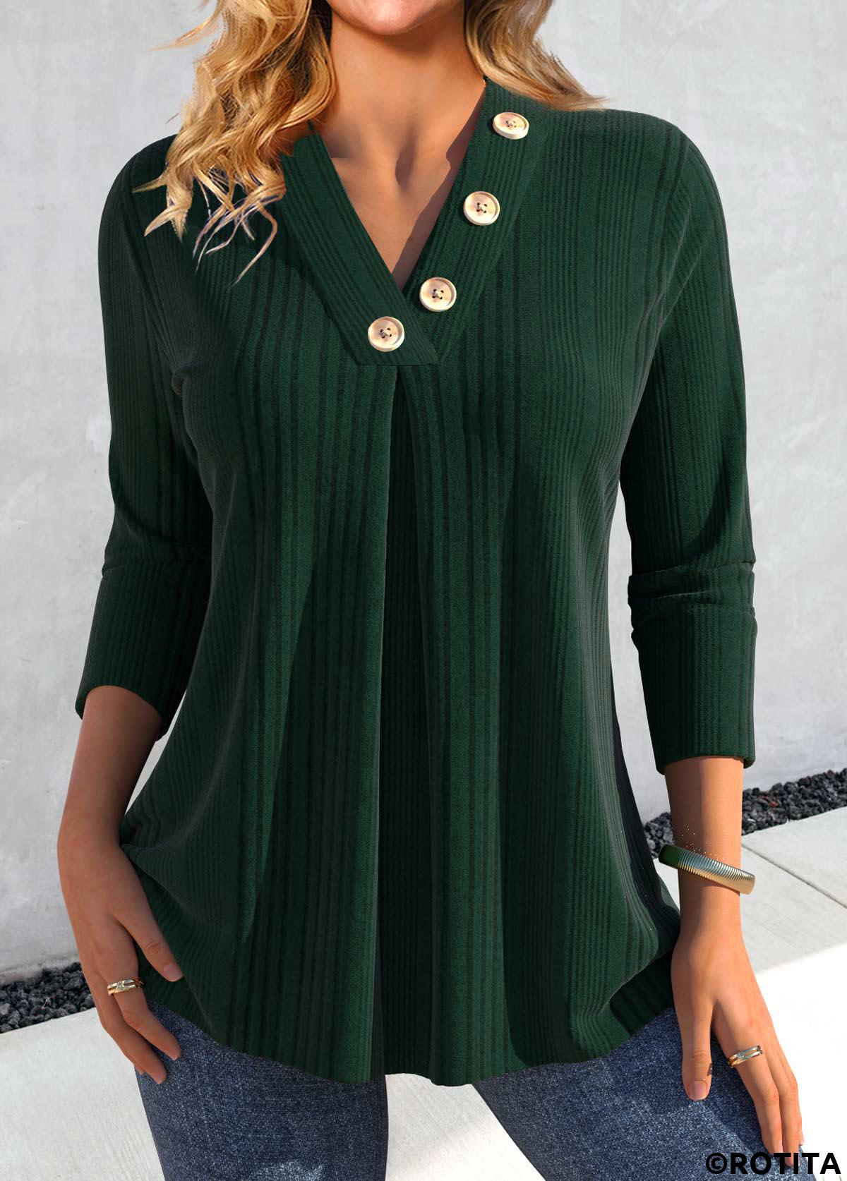 Blackish Green tops,Plain Color tops,ROTITA Button Blackish Green V Neck Long Sleeve T Shirt