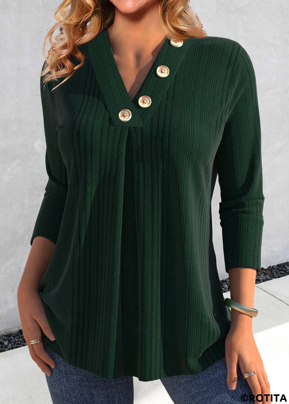 Blackish Green tops,Plain Color tops,ROTITA Button Blackish Green V Neck Long Sleeve T Shirt