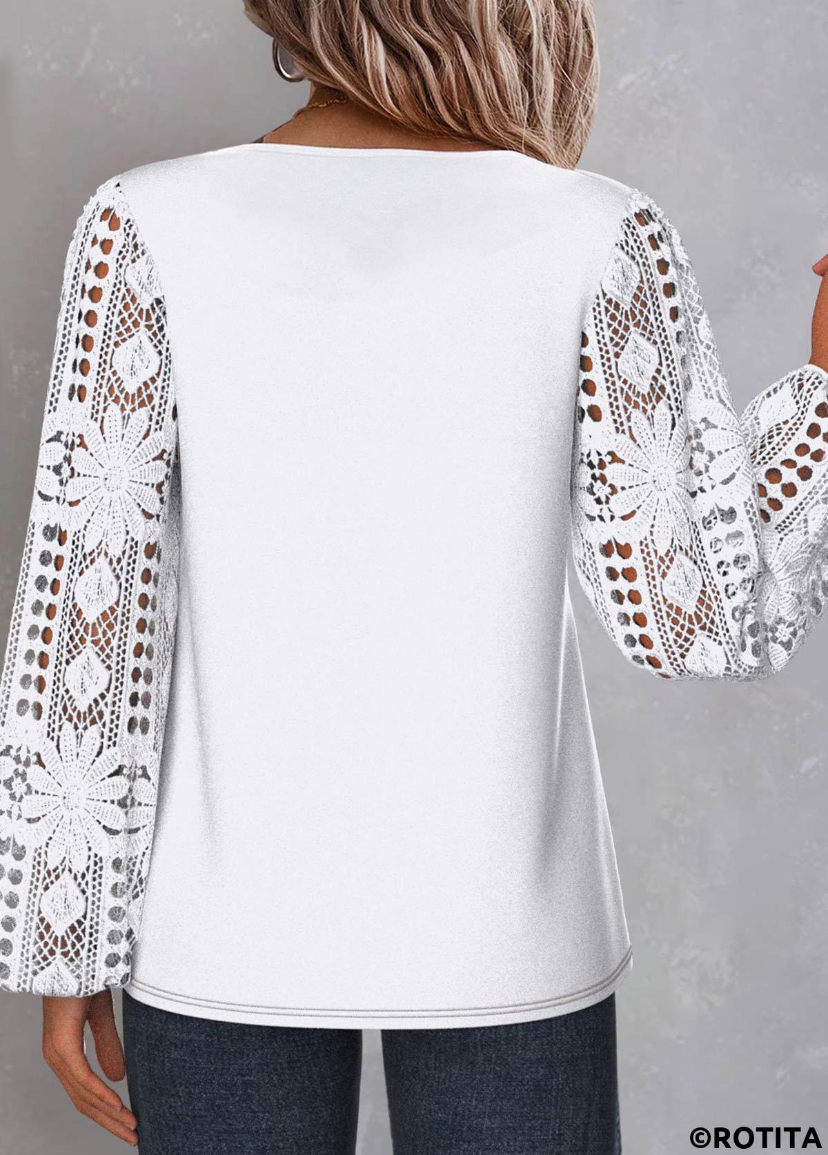White tops,Plain Color tops,ROTITA Lace White Asymmetrical Neck Long Sleeve Blouse