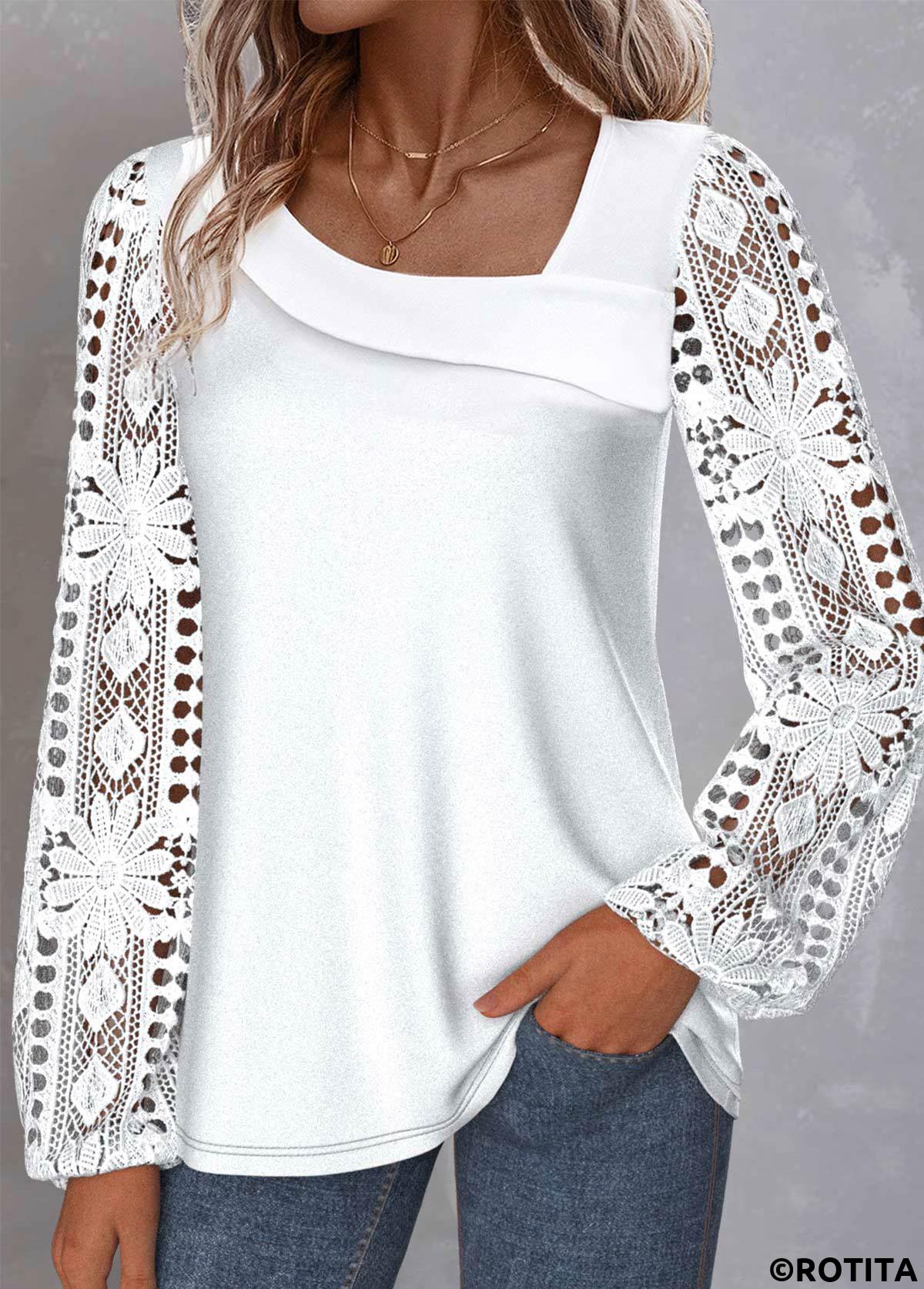 White tops,Plain Color tops,ROTITA Lace White Asymmetrical Neck Long Sleeve Blouse